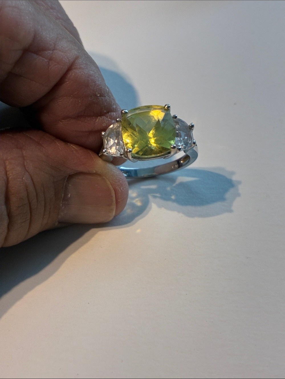 Yellow Lemon Topaz Cushion-Cut Gem Trio Ring  10K. 4.5 Grams.  Size 7 1/4